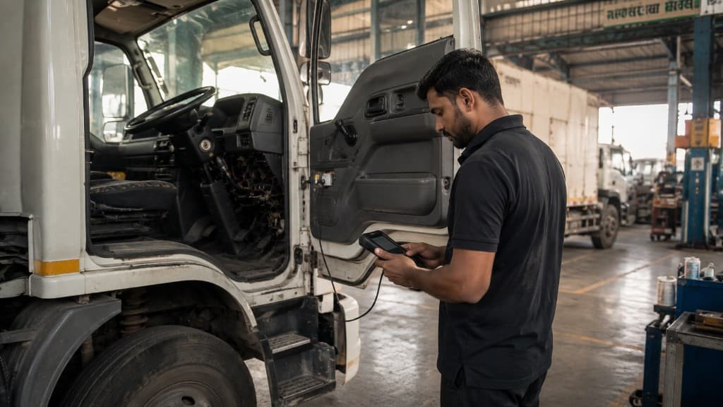 Technician verifying truck telematics with a diagnostic tablet