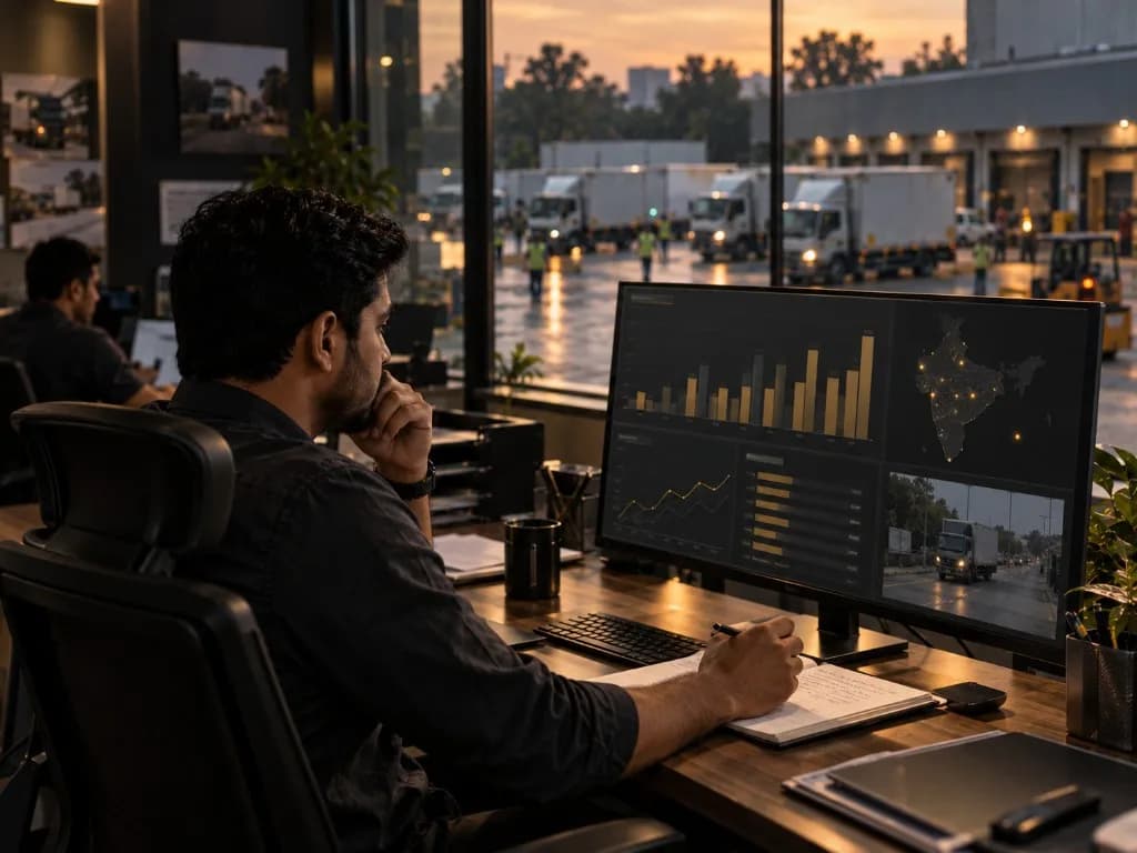 Fleet analyst reviewing logistics dashboards with yard operations in view