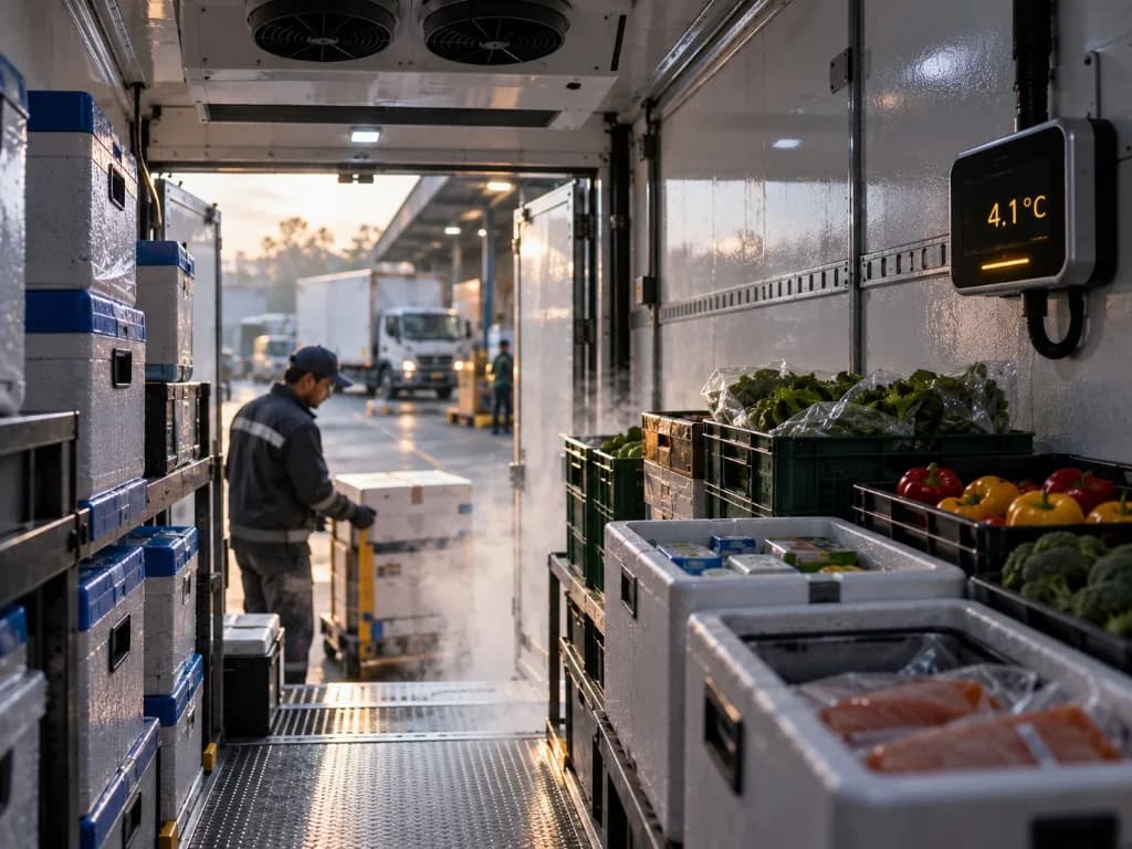 Temperature-controlled cargo inside a refrigerated delivery vehicle