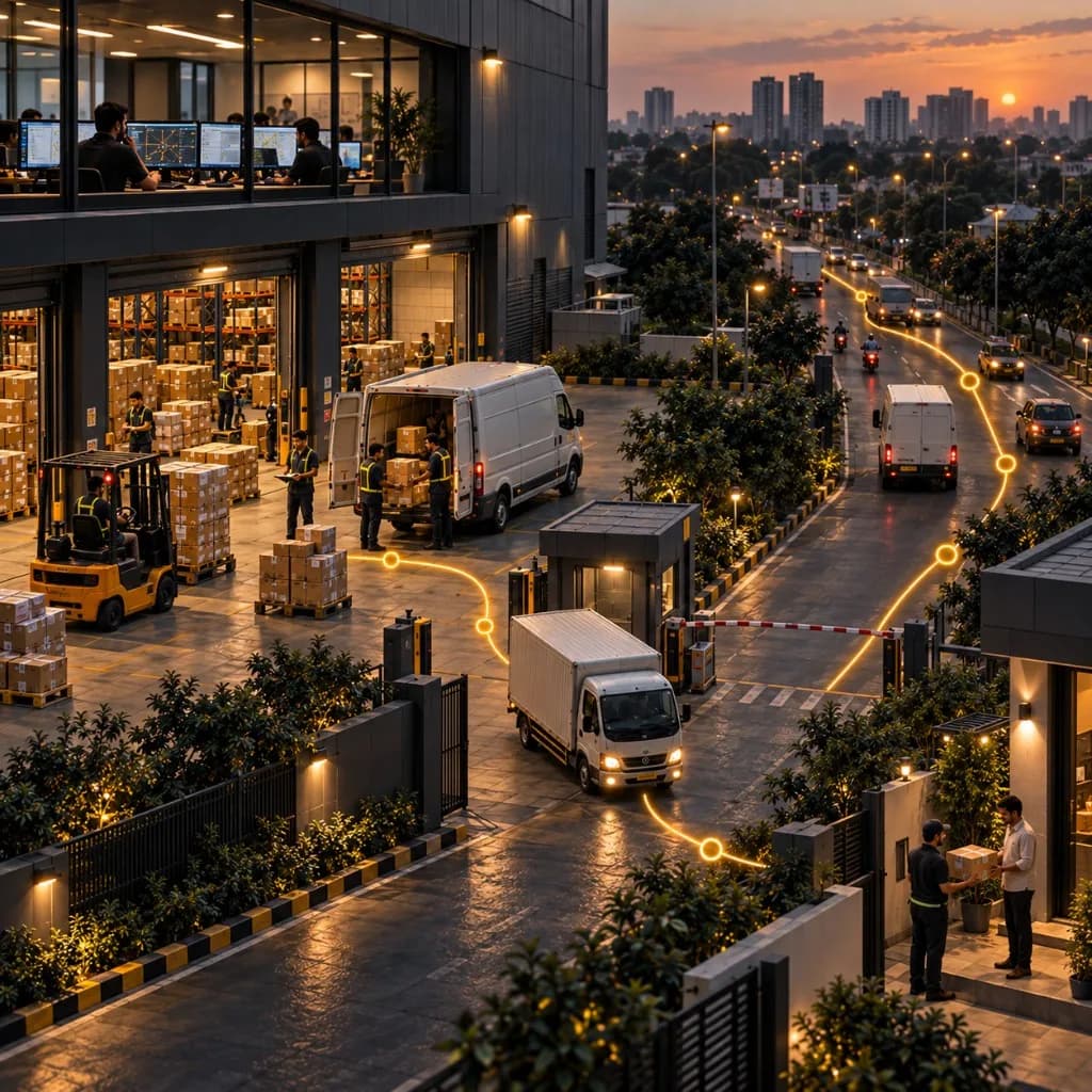 Logistics hub with warehouse operations, fleet vehicles, and connected delivery workflow
