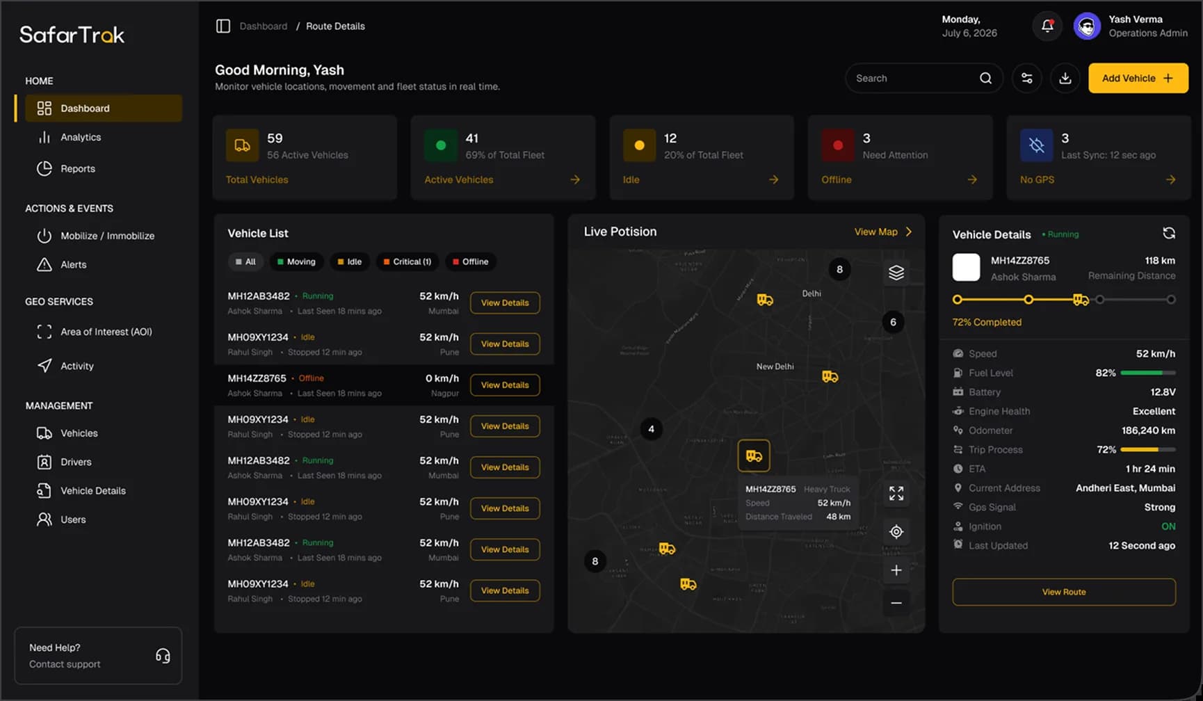 SafarTrak fleet management dashboard preview