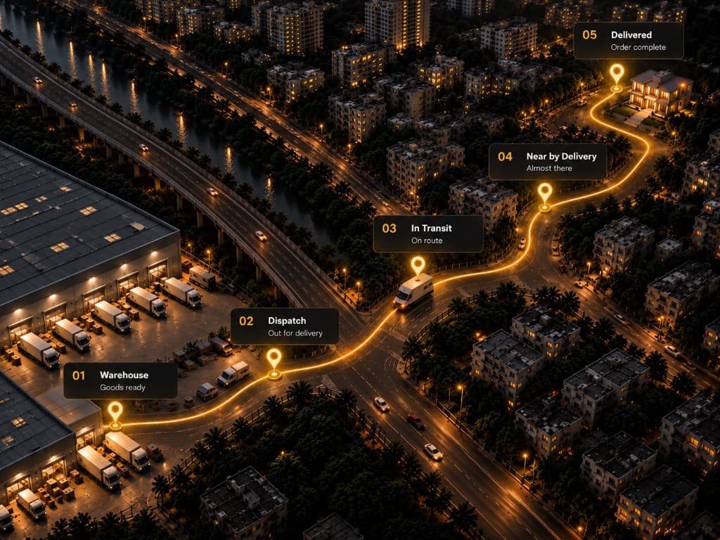 Night city aerial view of last-mile delivery route from warehouse to doorstep with live tracking milestones