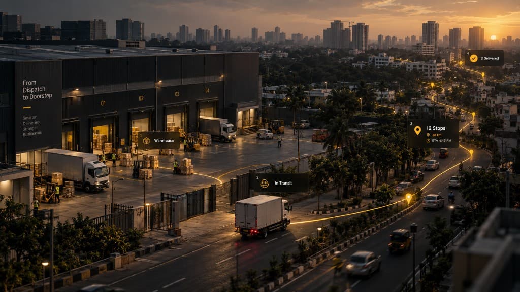 Warehouse dispatch to doorstep delivery route with live tracking milestones